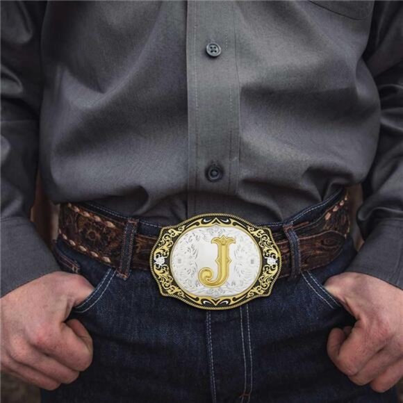 Western Belt Buckle Initial Letters ABCDMRJ to Z Cowboy Rodeo Small Gold Belt - Picture 4 of 7